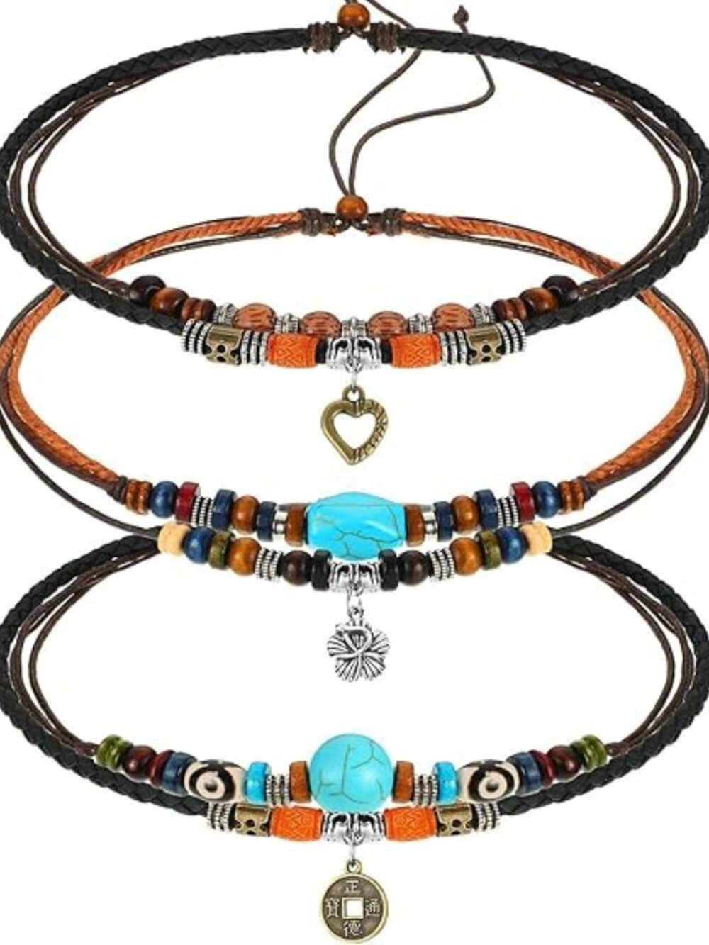3 Layered Wood Beads Choker Necklace Adjustable Vintage Leather Set Boho Western